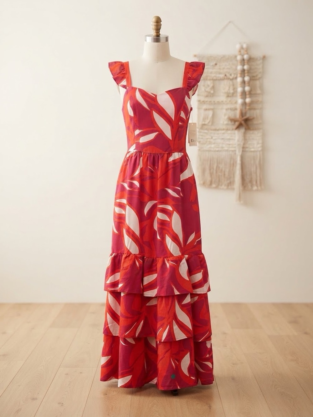 Fashion Nova Red and White Floral Ruffle-Strap Maxi Dress